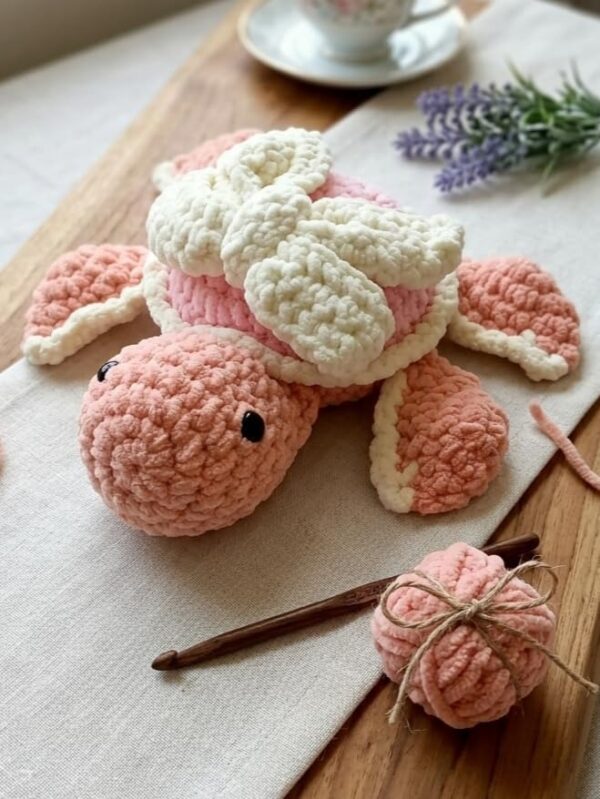 Handmade Crochet Turtle Soft Toy, Pink and White Plush, Cuddly Stuffed Animal,It is Handmade so Slight Variations in Design and Color May Occur.